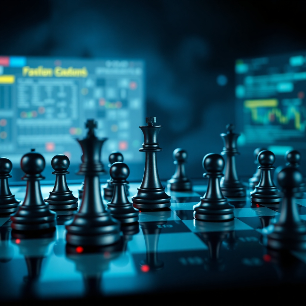 Create a photorealistic image illustrating strategic cyber intelligence. Visualize a chessboard with digital pieces moving strategically across the board, representing the anticipation and planning involved in cybersecurity. The background should be dark and mysterious, emphasizing the strategic nature of the game. The color palette should be primarily dark blues and greens, with accents of red and yellow to highlight potential threats. Style should be similar to a spy thriller movie poster.