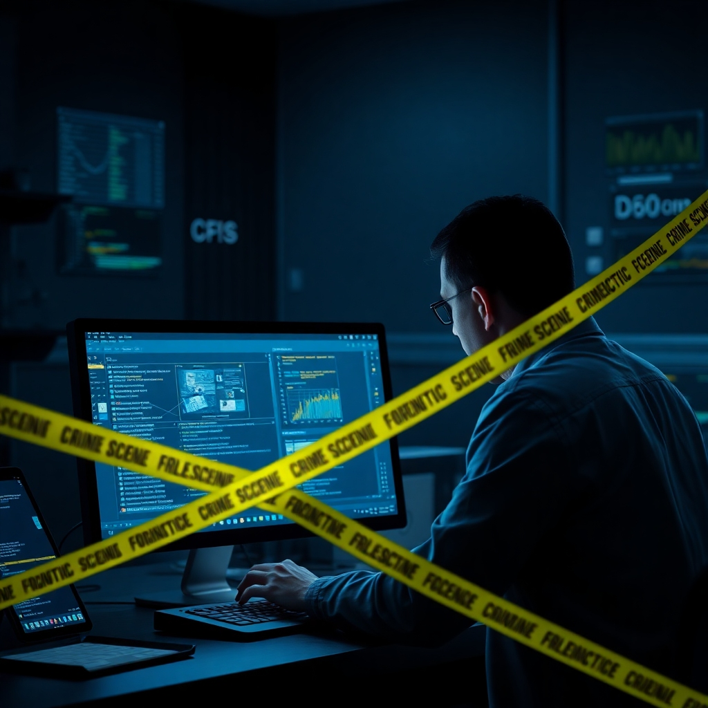 Create a photorealistic image depicting digital forensic investigation. Visualize a crime scene investigator analyzing digital evidence on a computer screen, with forensic tools and data streams displayed around the screen. The background should be a dimly lit room, emphasizing the seriousness of the investigation. The color palette should be primarily dark blues and grays, with accents of yellow to highlight evidence. Style should be similar to a crime scene investigation show focused on digital evidence.