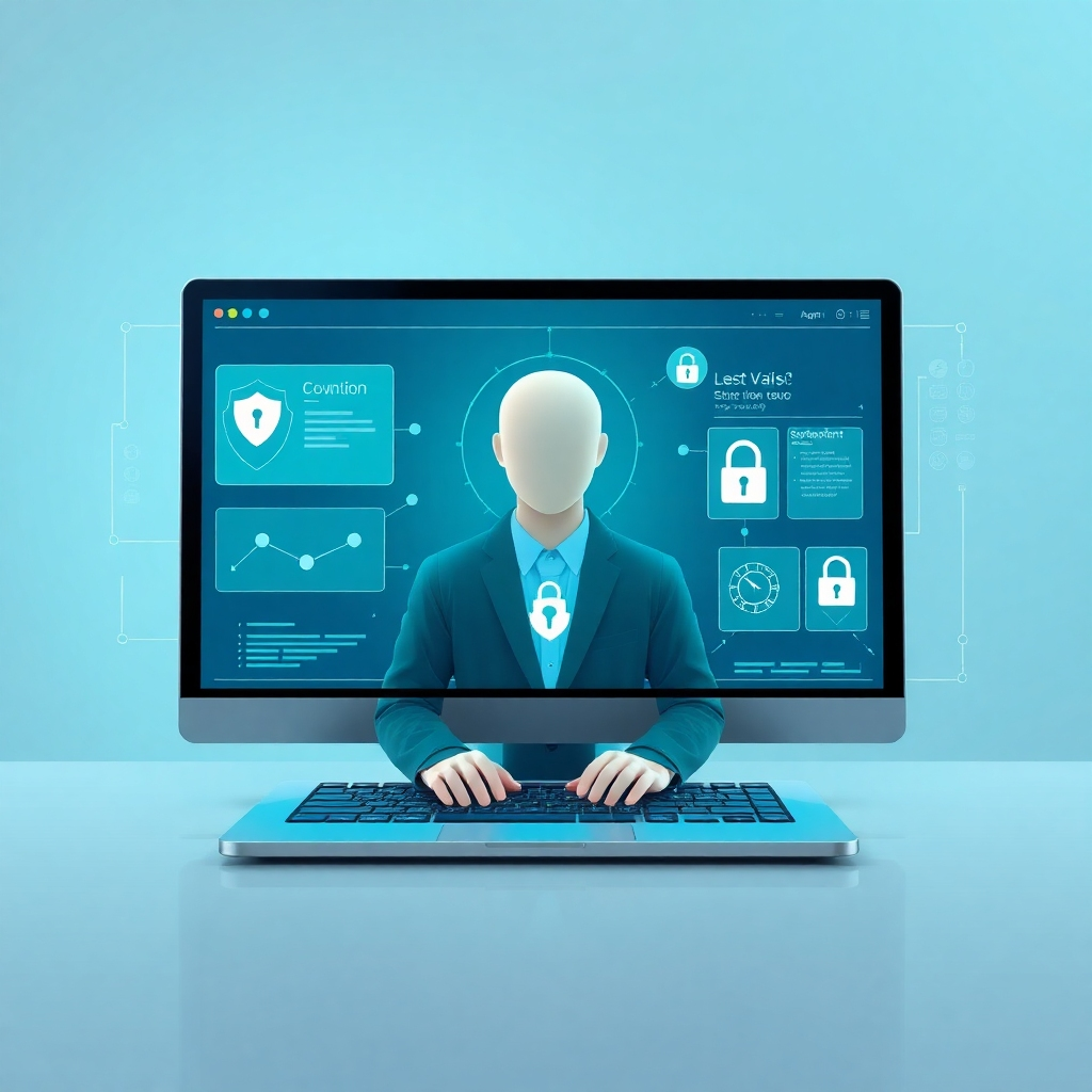 Create a photorealistic image illustrating personalized cybersecurity. Visualize a secure digital environment tailored to a specific user, represented by a customized interface with security features and access controls. The background should be clean and modern, emphasizing user-friendliness and security. The color palette should be light and professional, using blues, greens, and grays. The scene should convey a sense of trust and control. Style should be similar to a user interface design for a secure application.