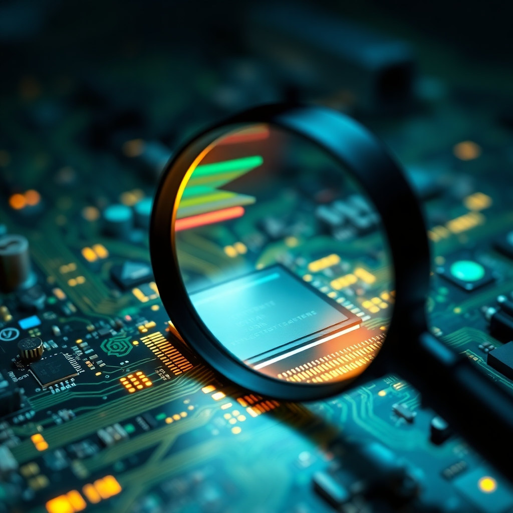Create a photorealistic image representing digital forensics. Visualize a magnifying glass over a complex circuit board with glowing data streams. The lighting should be dramatic, highlighting the intricate details of the board. Use a color palette of deep blues and greens, with accents of yellow and orange to represent data flow. The scene should convey a sense of investigation and meticulous analysis. Include subtle textures of metal and silicon to enhance realism. The camera angle should be close-up, emphasizing the complexity of the digital landscape. Style should be similar to the aesthetics of a crime scene investigation show but focused on digital evidence.