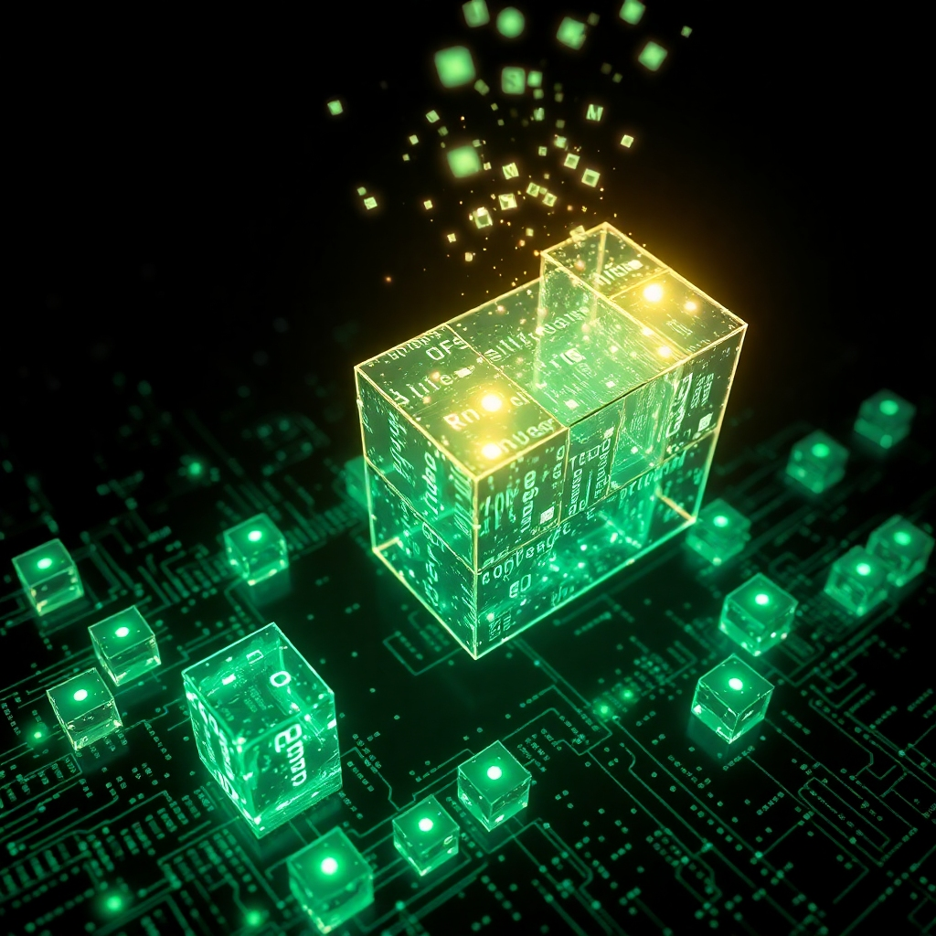 Create a photorealistic image illustrating secure data recovery. Visualize fragments of data reassembling themselves into a cohesive whole, represented by glowing cubes forming a complete image or file. The background should be dark, highlighting the process of reconstruction. Use a color palette of greens, blues, and whites to convey trust and security. The scene should convey a sense of hope and restoration. Include subtle textures of data streams and digital particles to enhance realism. The camera angle should be slightly overhead, showing the entire process of data recovery. Style should be similar to a documentary about data science.