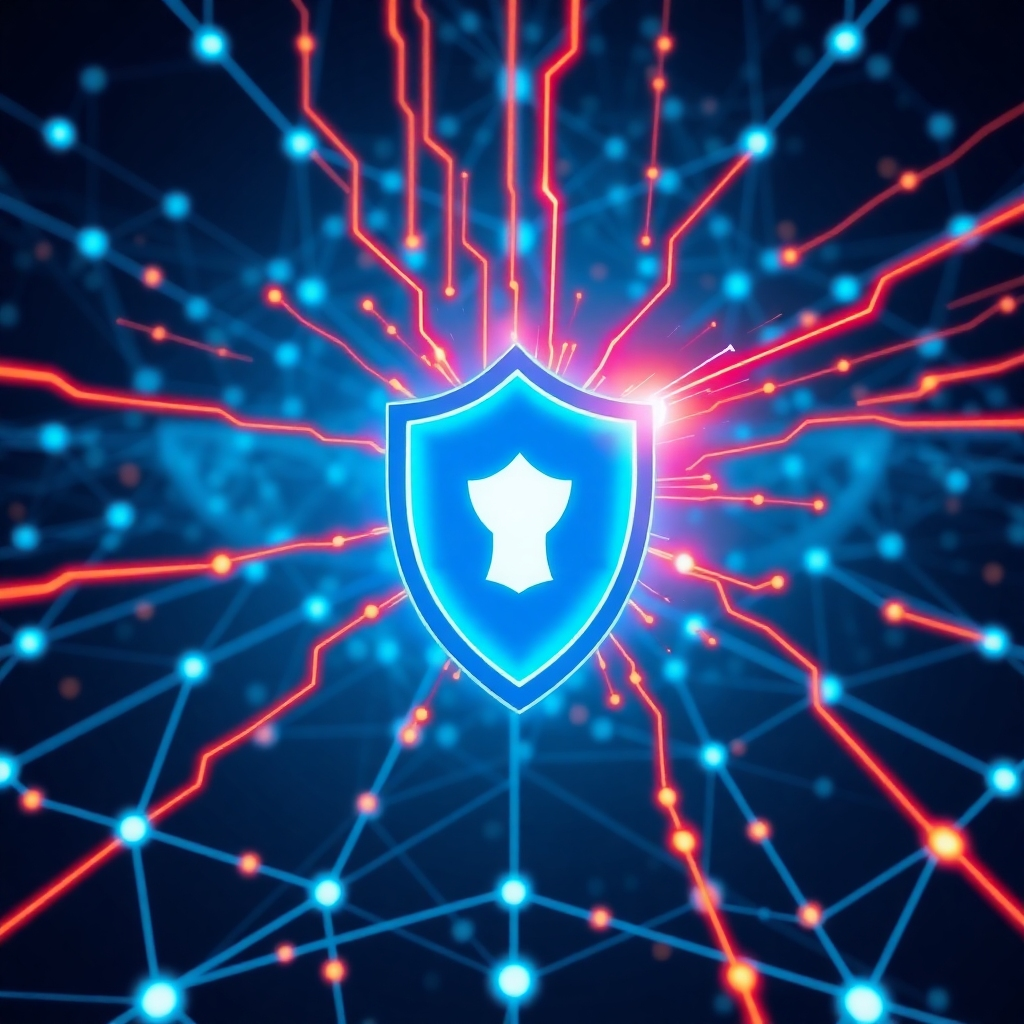 Create a stylized image depicting proactive cybersecurity. Visualize a digital shield deflecting incoming cyberattacks, represented by streaks of red and orange energy. The shield should be glowing blue, symbolizing protection and defense. The background should be a network of interconnected nodes, highlighting the scope of the digital infrastructure being protected. Use a modern, clean style with vibrant colors to convey energy and resilience. The camera angle should be dynamic, showing the shield in action. Style should be similar to a science fiction movie poster but grounded in real-world cybersecurity concepts.