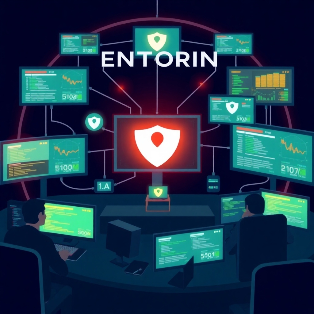 Create a stylized image depicting continuous security monitoring. Visualize a network of interconnected screens displaying real-time security data and alerts, with operators monitoring the activity. The background should be dark, emphasizing the vigilance of the monitoring team. The color palette should be primarily dark blues and greens, with accents of red and yellow to highlight potential threats. The scene should convey a sense of constant vigilance and rapid response. Style should be similar to a security operations center.