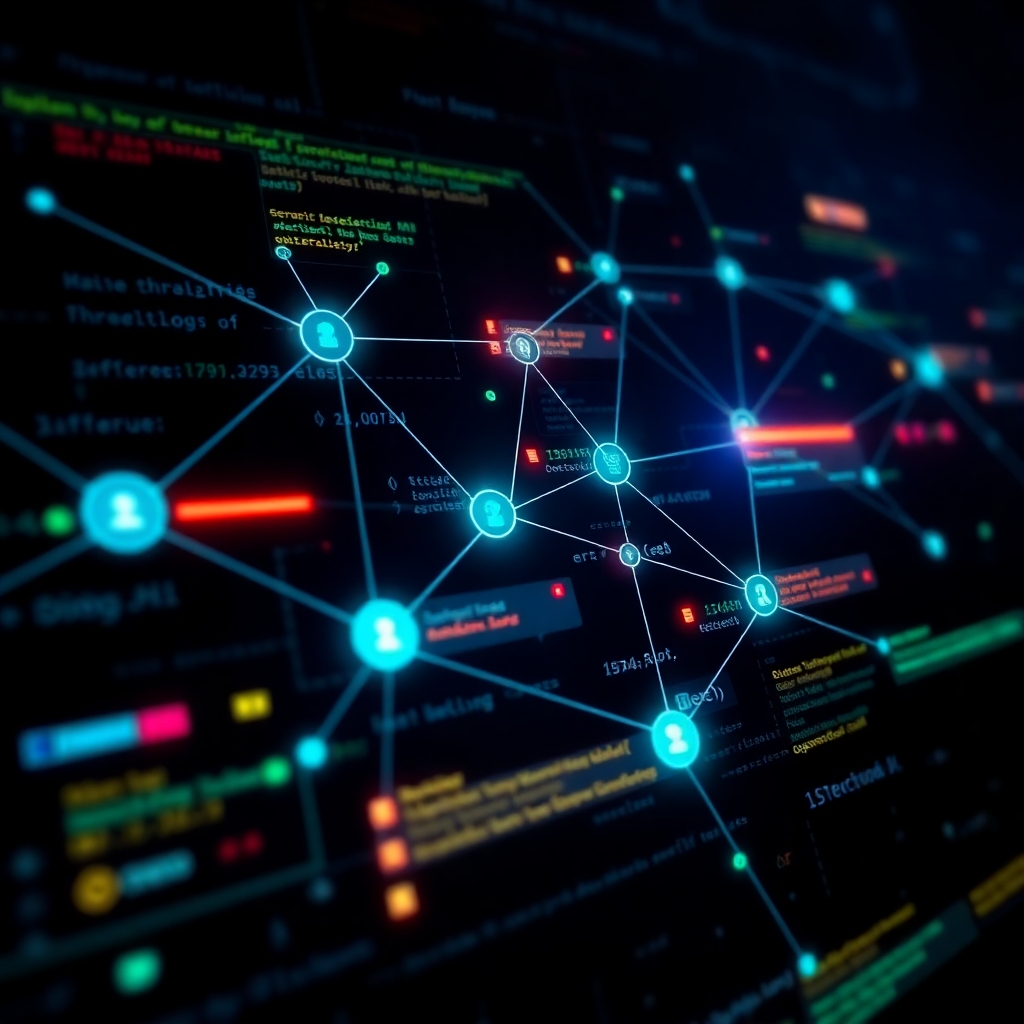 Create a stylized image representing advanced threat intelligence. Visualize a network of interconnected nodes displaying real-time threat data, with lines of code and security alerts flashing across the screen. Use a dark background to emphasize the glowing data points. The color palette should be primarily dark blues and greens, with accents of red and yellow to highlight potential threats. The scene should convey a sense of vigilance and awareness. Style should be similar to a cybersecurity dashboard interface.