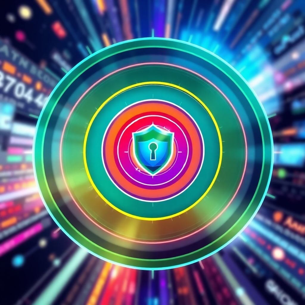 Create a stylized image representing multi-layered cybersecurity. Visualize a series of concentric shields protecting a central core, with each layer representing a different security measure. The colors should be vibrant and distinct, representing the diversity of the security layers. The background should be abstract and futuristic, emphasizing the complexity of the defense system. Style should be similar to a science fiction force field or protective barrier.