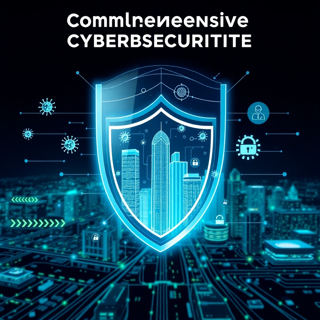 Create a visually compelling image representing comprehensive cybersecurity. Visualize a digital shield encompassing a cityscape, protecting it from various cyber threats such as viruses, hackers, and data breaches. The shield should be transparent, allowing the city to be seen clearly, symbolizing seamless protection. The color scheme should be modern and professional, using blues, greens, and silvers to convey trust and security. The overall style should be sleek and high-tech, similar to a futuristic security interface.