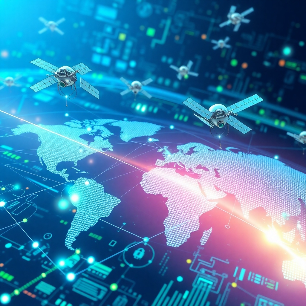 Create an image illustrating electronic intelligence gathering. Visualize a network of satellites and sensors collecting and analyzing data from around the world, providing real-time threat intelligence. The color scheme should be modern and high-tech, using blues, greens, and silvers to convey a sense of innovation and security. The overall style should be sleek and futuristic, similar to a global security network interface.