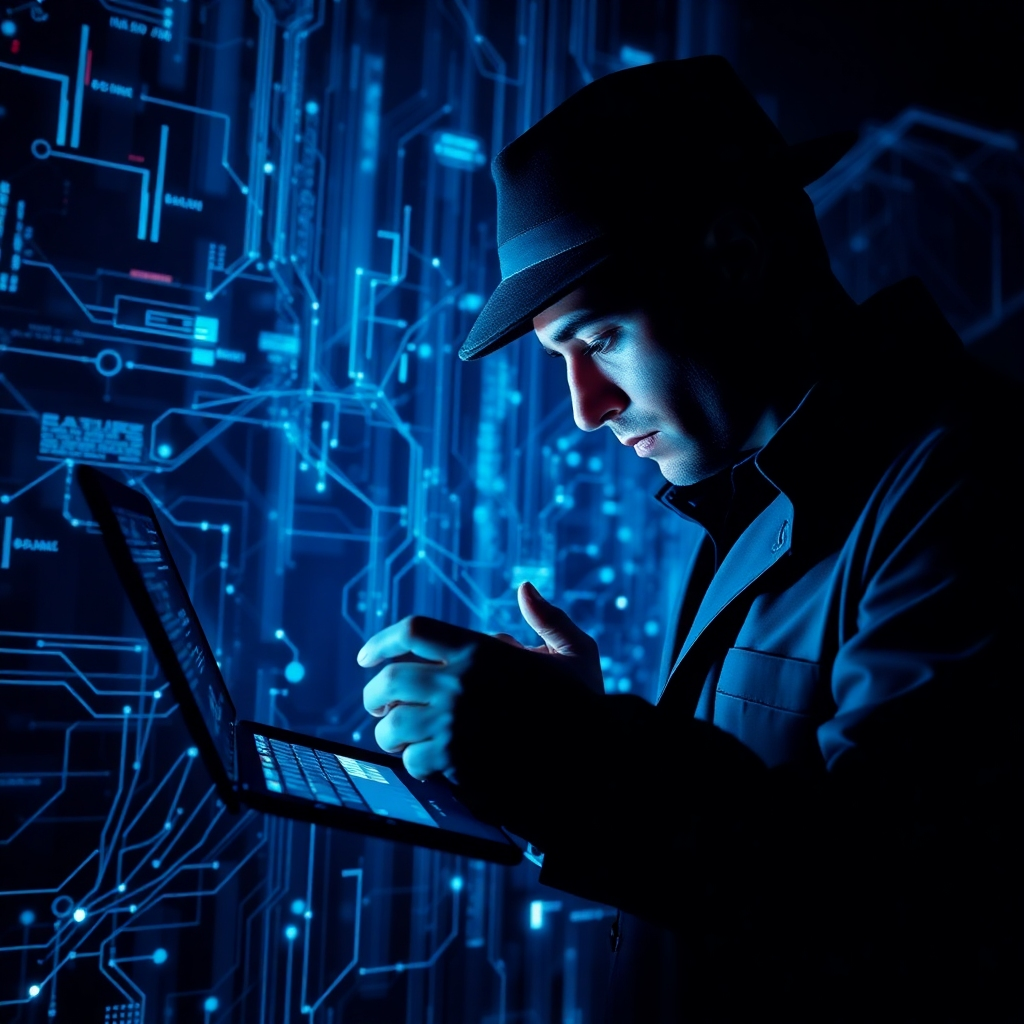 Create an image representing digital forensics investigation. Visualize a digital detective examining a complex network of data streams, using advanced forensic tools to uncover hidden evidence. The lighting should be dramatic, highlighting the intricate details of the data network. The color palette should be dark and mysterious, using blues, purples, and grays to convey a sense of investigation and discovery. The overall style should be sophisticated and technical, similar to a scene from a cybercrime thriller.