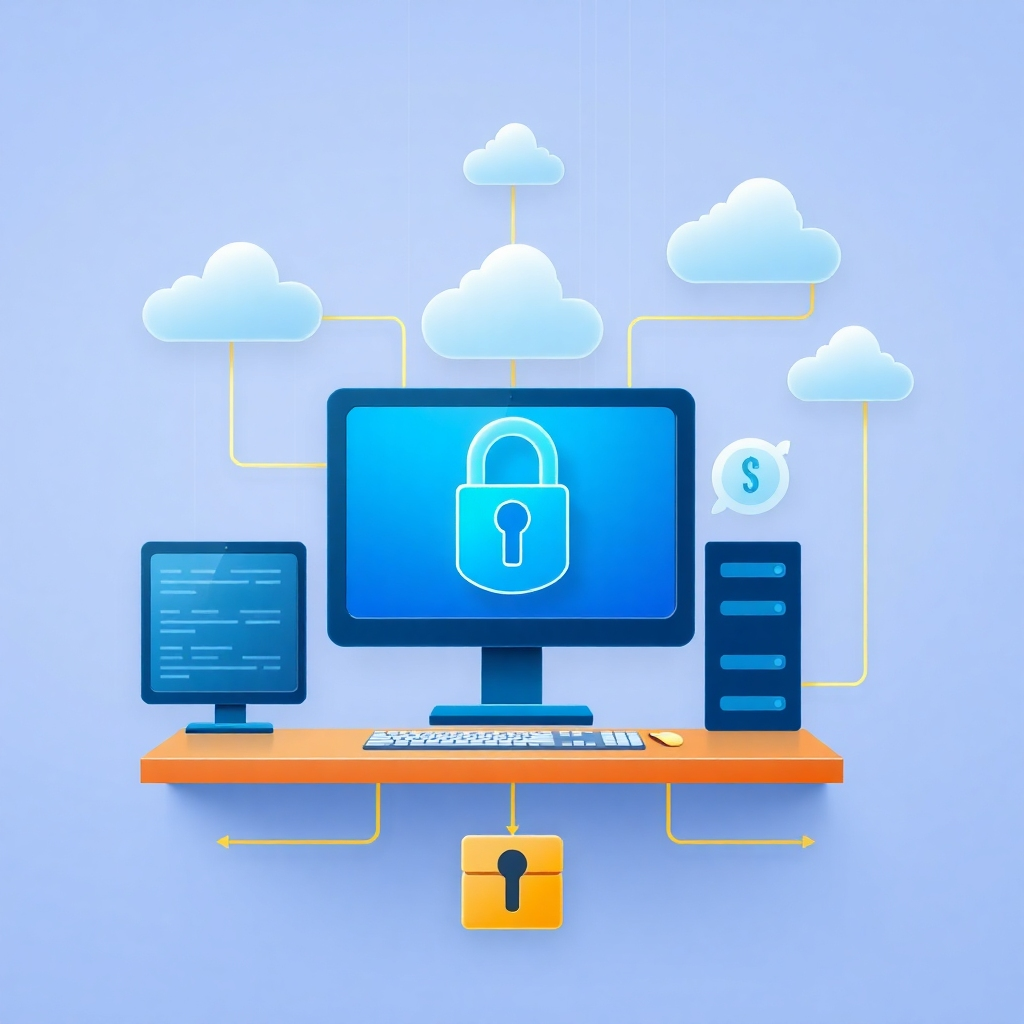 Create a high-quality, 4K resolution image representing the core mission of 'Protección Electrónica'. Visualize a stylized representation of a digital fortress protecting valuable data, symbolized by glowing orbs or encrypted files. The fortress could be composed of interconnected nodes and firewalls, forming a secure perimeter. The overall color palette should be professional and reassuring, using blues, greens, and grays, with accents of light to emphasize security and vigilance. The composition should be balanced, suggesting both strength and adaptability. Consider a slightly overhead camera angle to show the entirety of the protective structure. The image should convey a sense of trust, innovation, and comprehensive digital defense. Style should be modern and clean, similar to the visual aesthetic of a technology consulting firm.